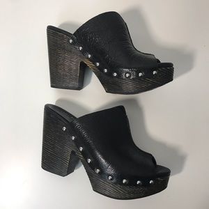 Kork-Ease Black Leather Studded Open-Toe Platform Mule